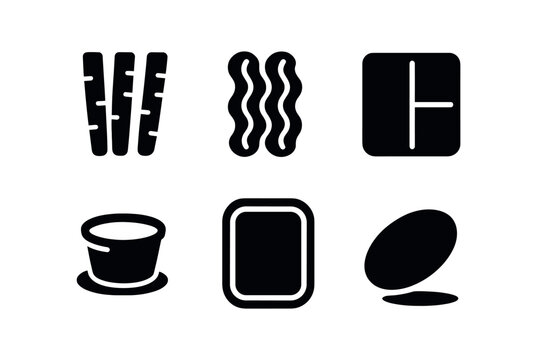 vector solid black filled icons bento box meal (veggie sticks): carrot sticks cucumber ribbons box divider dip cup highlight rim shadow smear.