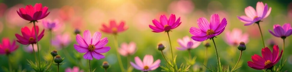 Fototapeta premium Cosmos flowers blooming in clusters on the ground, blossoms, flowers