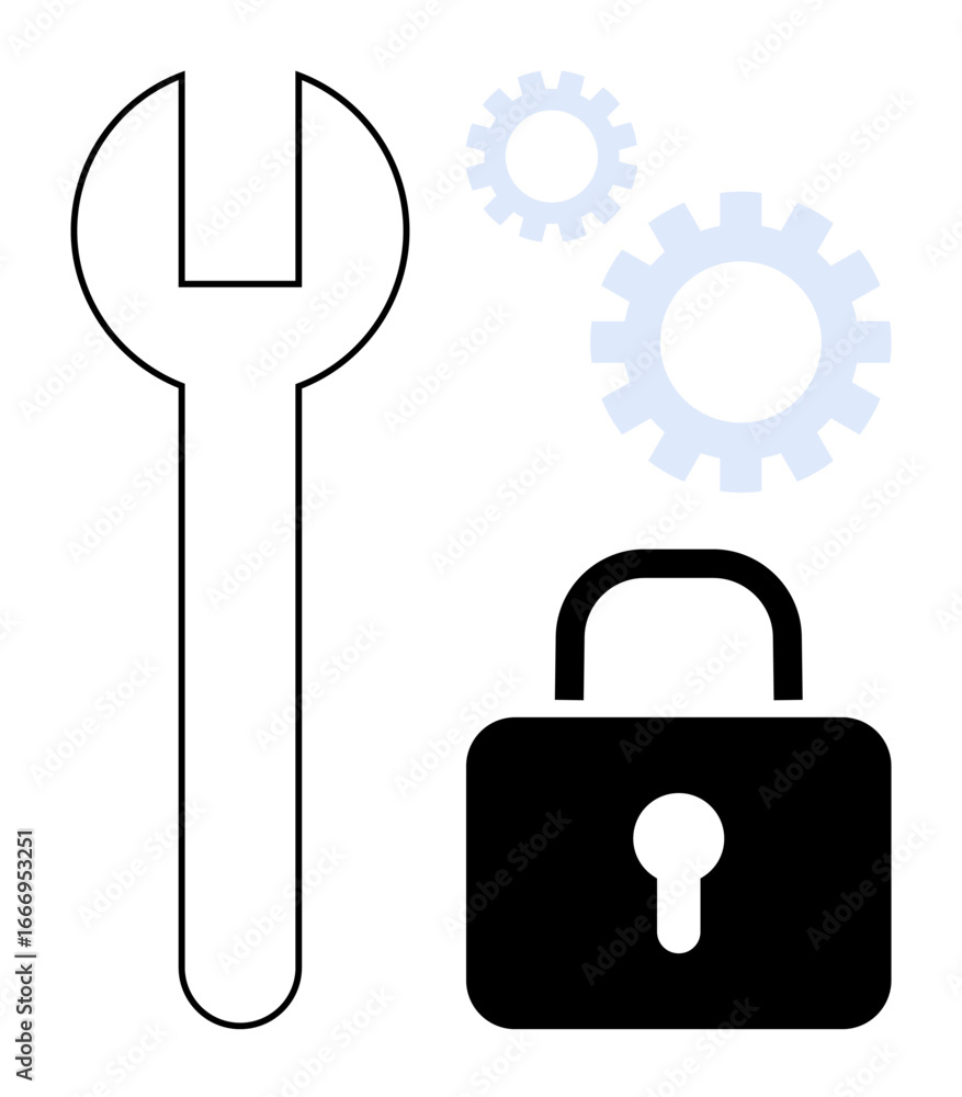 Poster wrench, lock, and gears emphasize system maintenance, optimization, and safety. ideal for security, 