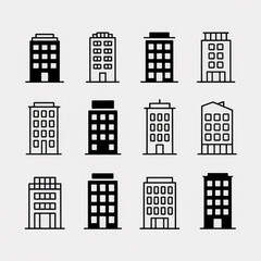 Collection of modern building icons representing urban architecture and business spaces