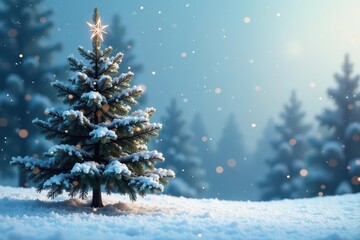 Flaky snowfall surrounds a bare Christmas tree, winter, wintry, snowflakes