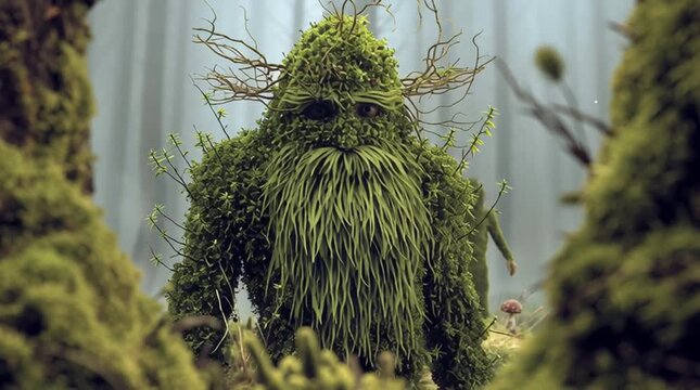 Conceptual illustration of a mythical forest spirit (Leshy) in multiple forms, surrounded by dense forest and mystical atmosphere, perfect for fantasy, folklore, and storytelling themes.