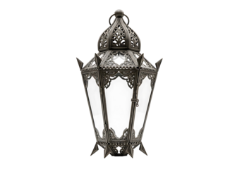 Ornate, dark metal lantern with glowing interior, set against a black backdrop.