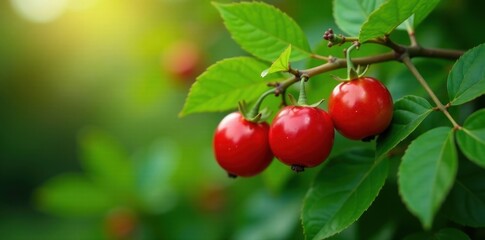 Large scarlet berry laden rosehip on a green bush stem, leaves, garden