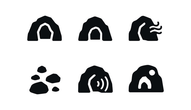vector solid black filled icons hollow (cave): rocky opening dark interior cool air scattered stones echo low light.