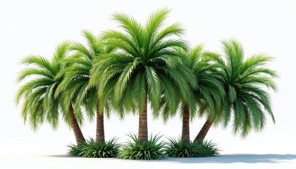 Obraz premium Collection of green palm trees with tall trunks, fronds. Realistic studio lighting provides macro, detailed view of textured, vibrant foliage. Serene tropical paradise elements arranged with