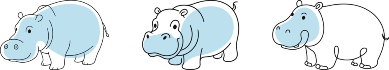 A continuous line art illustration of three hippos with simple blue color accents, on a white background.