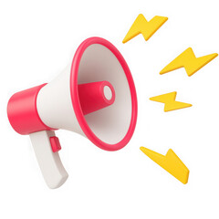 Realistic 3d rendering of a red and white megaphone emitting bright yellow lightning bolt sound waves isolated on transparent background