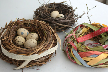 Photo of three decorative bird nests with eggs and ribbons, symbolizing spring and new life