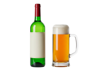 Green bottle of wine and a mug of beer isolated on transparent background