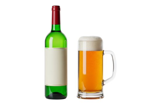 Green bottle of wine and a mug of beer isolated on transparent background