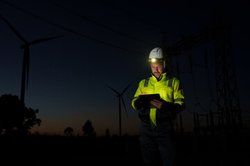 Engineers surveying the power generation at a wind farm, natural energy, industry and environment,...