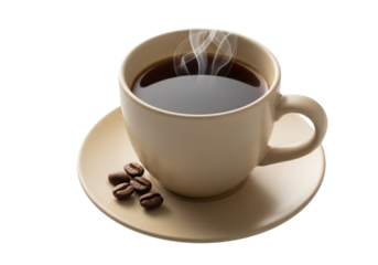 Hot coffee in a mug with steam and beans isolated on transparent background