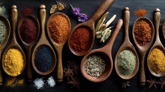Colorful Spices in Wooden Spoons