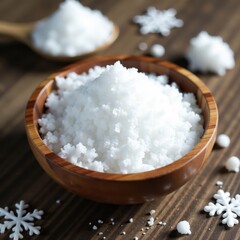 Wooden bowl containing an assortment of white sea salt crystals and some delicate snowflakes, wooden bowl, wintery, grain