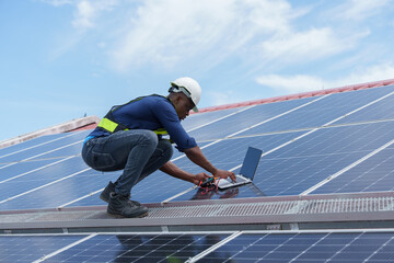 Engineers are planning the installation of outdoor solar panel systems. Solar panel installation on...