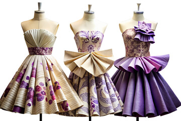 Exquisite Paper Gowns displayed on Mannequins A Fusion of Artistry and Fashion Design showcasing Purple and Beige Hues