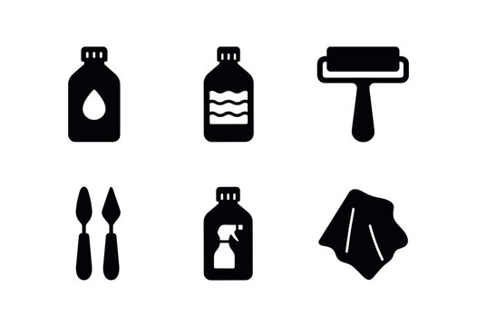 vector solid black filled icons ink roller (materials): oil based ink water based ink brayers palette knives cleaning solvent rags.
