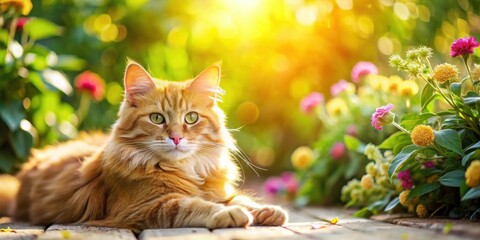 A Fluffy Ginger Cat Relaxes Amidst a Vibrant Garden of Blooming Flowers in the Warm Sunlight