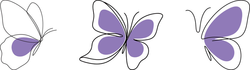 Set of Three Butterflies in a One Continuous Line Art Style. Minimalist Vector Illustration with Purple Accents.