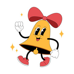 Groovy cartoon bell character in retro 80s style for school and education illustration