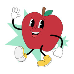 Groovy cartoon apple fruit character in retro 80s style for school and education illustration