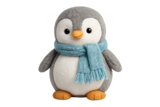 Adorable plush penguin wearing a blue scarf on transparent background