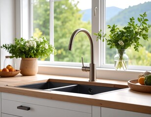 Modern kitchen countertop with window view