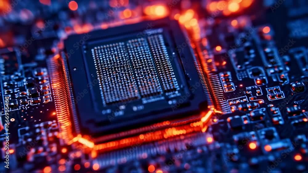 Poster futuristic microchip close-up: red hot data flow on circuit board