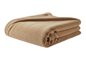 A folded, light beige fleece blanket lies neatly on a dark background.