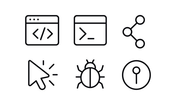 vector outline icons digital workspace setup (coding station): code editor terminal prompt Git icon pair cursor bug marker commit badge.
