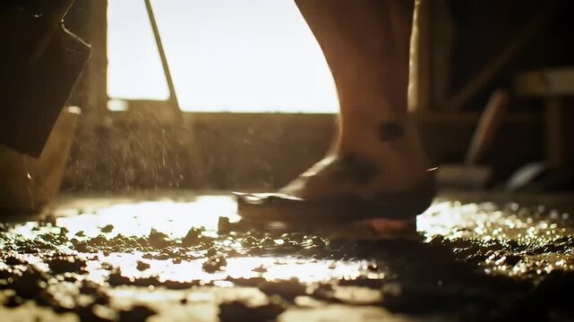 Bare feet stand in thick mud illuminated by a backlight in a dark, rustic room