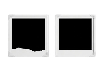 Two blank vintage photo frames, one torn, isolated on transparent background