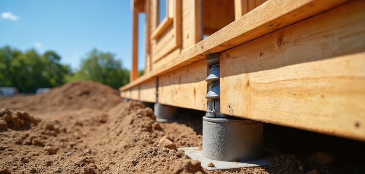Fototapeta Wooden house under construction utilizes durable timber foundation secured by metal screw piles. Foundation features antiseptic treated wood beams supported by concrete bases on helical piers.