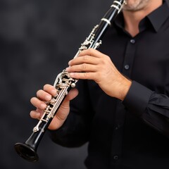 Fototapeta premium Musician Playing Clarinet with Passion and Focus in Studio Setting