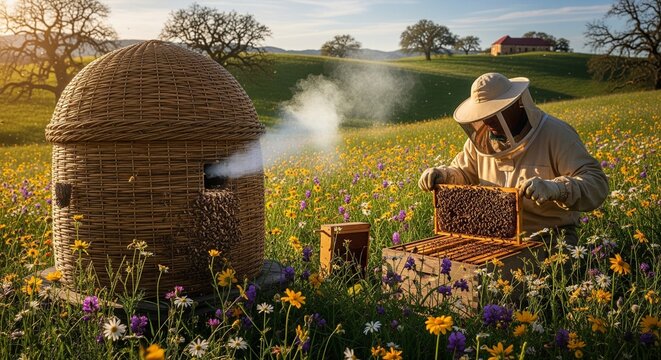 Apian - Beekeeping in a field of wildflowers with a traditional beehive and a beekeeper inspecting a frame
