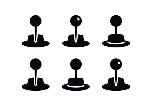 vector solid black filled icons milliner (hat pin): pin head shaft line hat brim shadow smear highlight rim light dot.