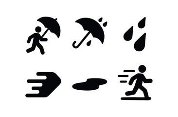 vector solid black filled icons rainy market (shopper dash): shopper silhouette umbrella tilt raindrop trail motion blur shadow smear light rim.