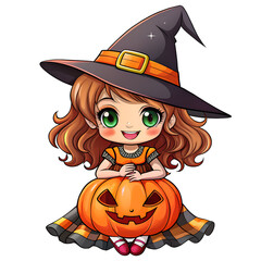 Cute Chibi Witch Girl in Purple Hat Holding a Smiling Pumpkin Jack O Lantern for Halloween Design