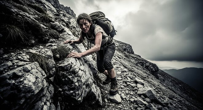 Arduous An exhausted, determined hiker struggles up an arduous, rocky mountain trail under a dark, cloudy sky.