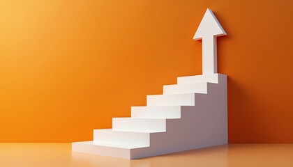 Fototapeta premium White staircase with upward arrow signifies growth, progress. Illustration embodies success, achievement, career advancement. Features clean white steps against bright orange background, motivation,