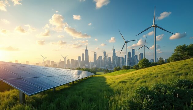 Renewable energy sources, solar panels, wind turbines, power city skyline under blue skies, sunlight. Green fields surround modern urban infrastructure, signifying sustainable future with clean