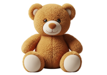 Cute brown teddy bear toy sitting isolated on transparent background