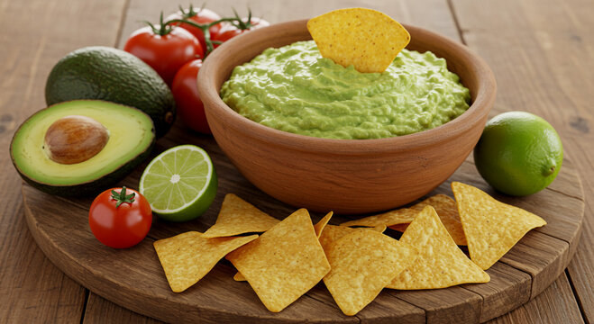 A bowl of guacamole with chips and fresh ingredients close up