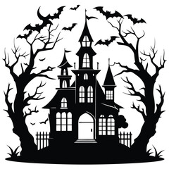 Spooky Black Halloween Haunted House Silhouette with Bats and Bare Trees Graphic