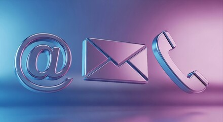 Contact Us Icons - Email, Telephone and At Symbol in Shiny Metal with Purple and Blue Gradient Background | Modern Communication Methods for Business and Support Marketing