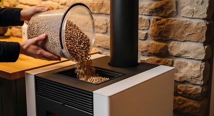 Person filling a modern pellet stove with fuel
