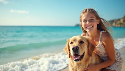 Joyful girl with golden retriever dog at sunny beach. Ocean waves, turquoise water, blue sky create perfect summer vacation scene. Close-up on happy girl, smiling broadly, wearing sunglasses,