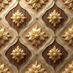 Elegant seamless pattern featuring golden floral ornaments on wood-grain background. Cream-colored ribbons create diamond grid, adding texture, depth. Antique design for wallpaper, decor,