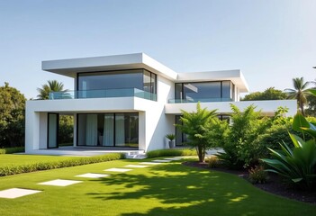 Sleek minimalist house, lush green garden, modern landscaping,  contemporary,  serene